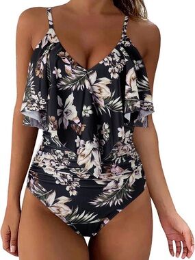 Floral Ruffle V-Neck One-Piece Swimsuit - Black & Cream